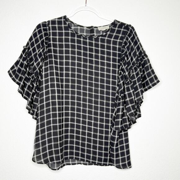 LOFT Ruffle Sleeve Blouse Button Back Windowpane Plaid Black White Size Medium - Picture 2 of 9